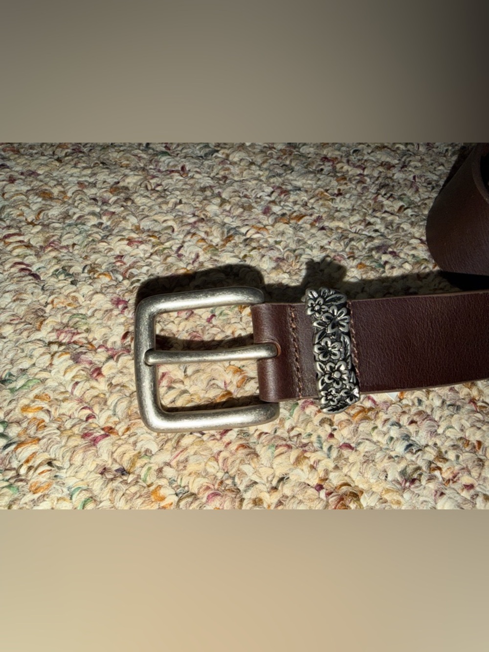Classic Brown Leather Womens Belt with Floral Silver Accents sturdy size small
